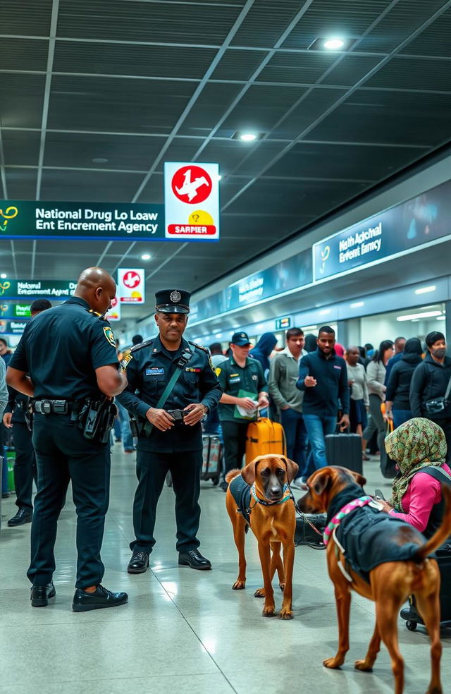 A bustling Nigerian airport scene showcasing the National Drug Law Enforcement Agency officers, dressed in black uniforms, actively engaged in their duty of sniffing bags with specially trained dogs