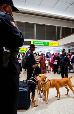 A bustling Nigerian airport scene showcasing the National Drug Law Enforcement Agency officers, dressed in black uniforms, actively engaged in their duty of sniffing bags with specially trained dogs
