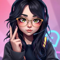 A realistic portrayal of a charming gamer girl with wavy, long black hair and thin square golden metal eyeglasses, emphasizing her striking olive green eyes that radiate a sense of mystery