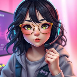 A realistic portrayal of a charming gamer girl with wavy, long black hair and thin square golden metal eyeglasses, emphasizing her striking olive green eyes that radiate a sense of mystery