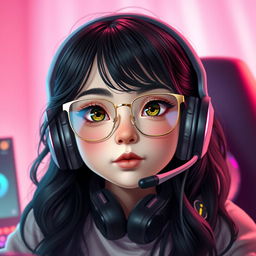 A realistic portrayal of a charming gamer girl with wavy, long black hair and thin square golden metal eyeglasses, emphasizing her striking olive green eyes that radiate a sense of mystery