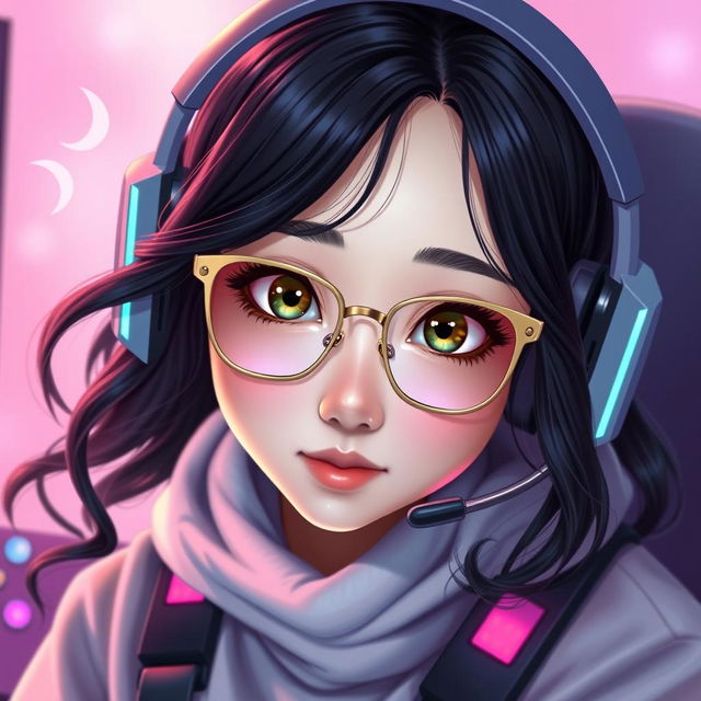 A realistic portrayal of a charming gamer girl with wavy, long black hair and thin square golden metal eyeglasses, emphasizing her striking olive green eyes that radiate a sense of mystery