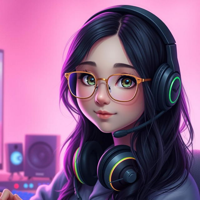 A realistic depiction of a charming gamer girl with wavy, long black hair and thin square golden metal eyeglasses, showcasing her captivating olive green eyes that radiate a sense of mystery