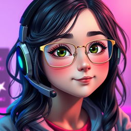 A realistic depiction of a charming gamer girl with wavy, long black hair and thin square golden metal eyeglasses, showcasing her captivating olive green eyes that radiate a sense of mystery