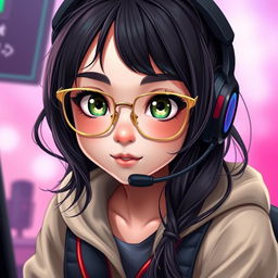 A realistic depiction of a charming gamer girl with wavy, long black hair and thin square golden metal eyeglasses, showcasing her captivating olive green eyes that radiate a sense of mystery