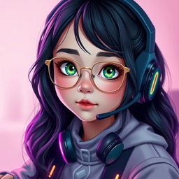 A realistic depiction of a charming gamer girl with wavy, long black hair and thin square golden metal eyeglasses, showcasing her captivating olive green eyes that radiate a sense of mystery