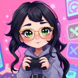 A 2D illustration of a charming gamer girl with wavy, long black hair and thin square golden metal eyeglasses, featuring striking olive green eyes that exude a sense of mystery