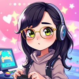 A 2D illustration of a charming gamer girl with wavy, long black hair and thin square golden metal eyeglasses, featuring striking olive green eyes that exude a sense of mystery