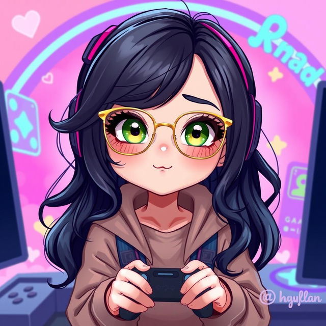 A 2D illustration of a charming gamer girl with wavy, long black hair and thin square golden metal eyeglasses, featuring striking olive green eyes that exude a sense of mystery