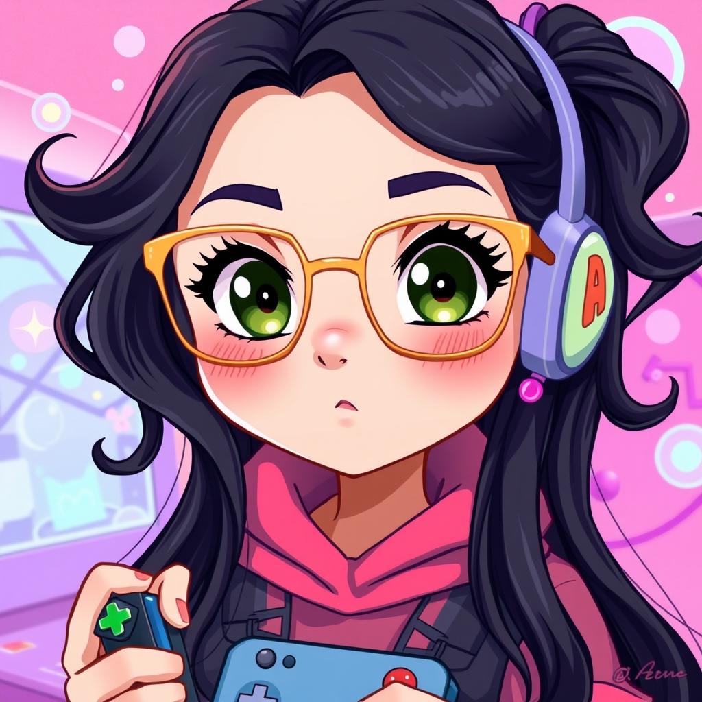 A 2D illustration of a charming gamer girl with wavy, long black hair and thin square golden metal eyeglasses, featuring striking olive green eyes that exude a sense of mystery