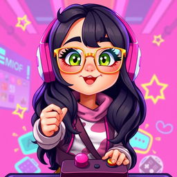 A vibrant 2D illustration of a lively gamer girl with wavy, long black hair and thin square golden metal eyeglasses, featuring captivating olive green eyes