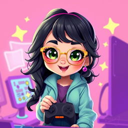A vibrant 2D illustration of a lively gamer girl with wavy, long black hair and thin square golden metal eyeglasses, featuring captivating olive green eyes