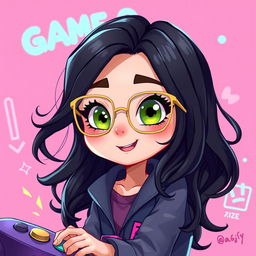 A vibrant 2D illustration of a lively gamer girl with wavy, long black hair and thin square golden metal eyeglasses, featuring captivating olive green eyes
