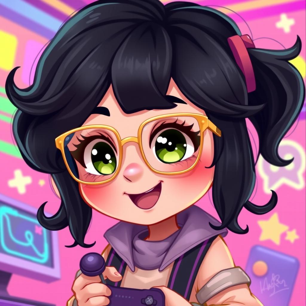 A vibrant 2D illustration of a lively gamer girl with wavy, long black hair and thin square golden metal eyeglasses, featuring captivating olive green eyes