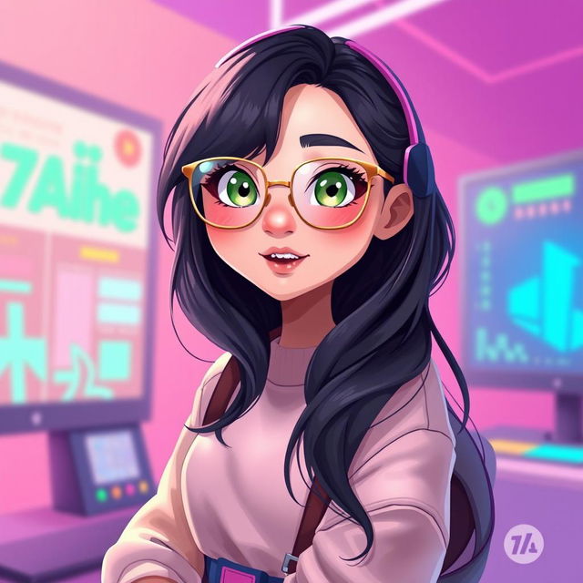 A 2D illustration of a 25-year-old gamer girl with wavy, long black hair and thin square golden metal eyeglasses, featuring stunning olive green eyes