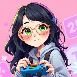 A 2D illustration of a 25-year-old gamer girl with wavy, long black hair and thin square golden metal eyeglasses, featuring stunning olive green eyes