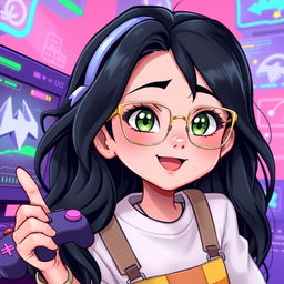 A 2D illustration of a 25-year-old gamer girl with wavy, long black hair and thin square golden metal eyeglasses, featuring stunning olive green eyes
