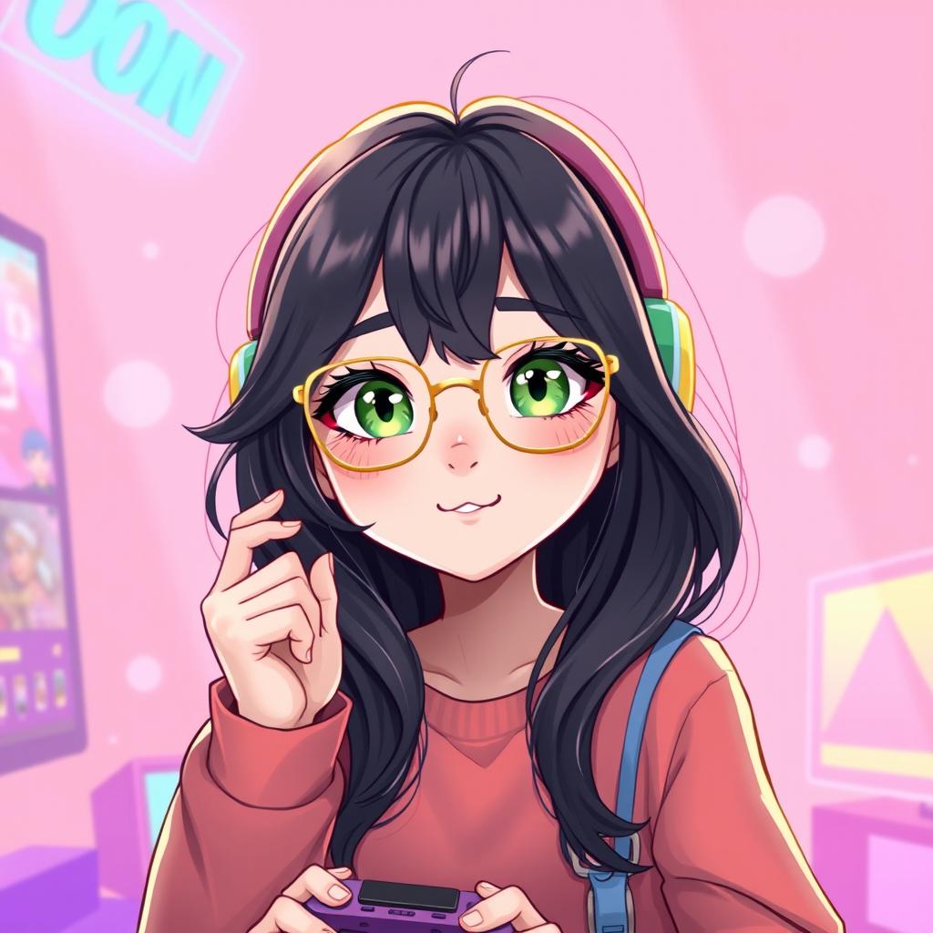 A 2D illustration of a 25-year-old gamer girl with wavy, long black hair and thin square golden metal eyeglasses, featuring stunning olive green eyes