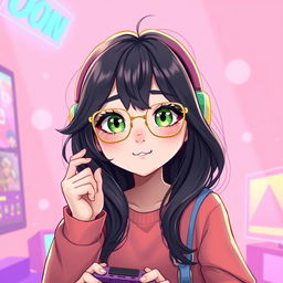 A 2D illustration of a 25-year-old gamer girl with wavy, long black hair and thin square golden metal eyeglasses, featuring stunning olive green eyes