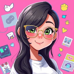 A fun 2D illustration of a 25-year-old gamer girl with wavy, long black hair and thin square golden metal eyeglasses, featuring striking olive green eyes
