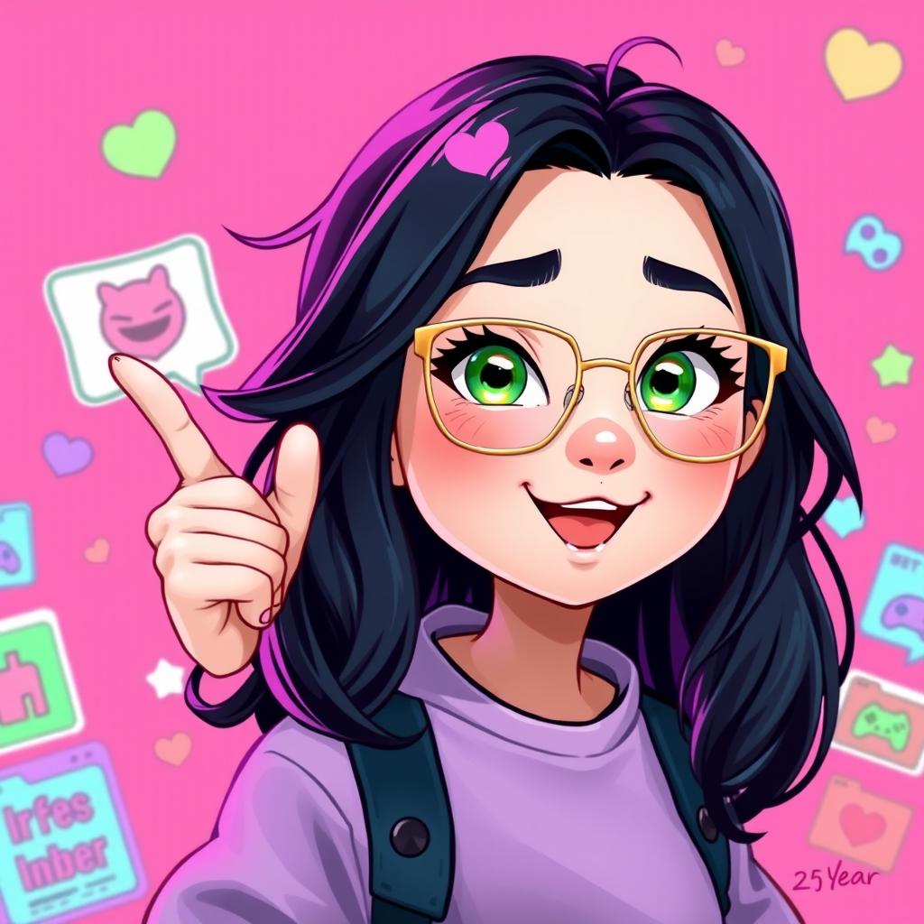 A fun 2D illustration of a 25-year-old gamer girl with wavy, long black hair and thin square golden metal eyeglasses, featuring striking olive green eyes