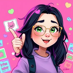 A fun 2D illustration of a 25-year-old gamer girl with wavy, long black hair and thin square golden metal eyeglasses, featuring striking olive green eyes