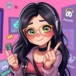 A fun 2D illustration of a 25-year-old gamer girl with wavy, long black hair and thin square golden metal eyeglasses, featuring striking olive green eyes
