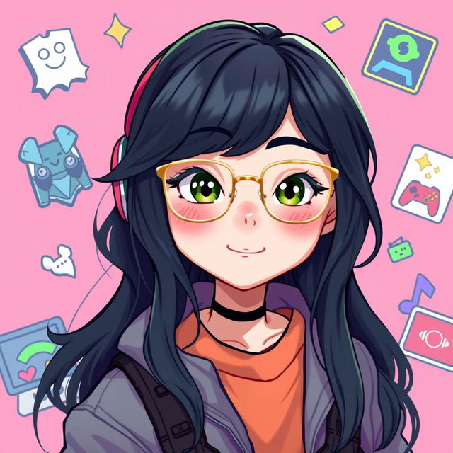 A fun 2D illustration of a 25-year-old gamer girl with wavy, long black hair and thin square golden metal eyeglasses, featuring striking olive green eyes