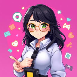 A 2D illustration of a 25-year-old gamer girl with wavy, long black hair and thin square golden metal eyeglasses, showcasing striking olive green eyes