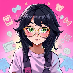 A 2D illustration of a 25-year-old gamer girl with wavy, long black hair and thin square golden metal eyeglasses, showcasing striking olive green eyes