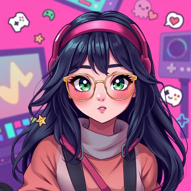 A 2D illustration of a 25-year-old gamer girl with wavy, long black hair and thin square golden metal eyeglasses, showcasing striking olive green eyes