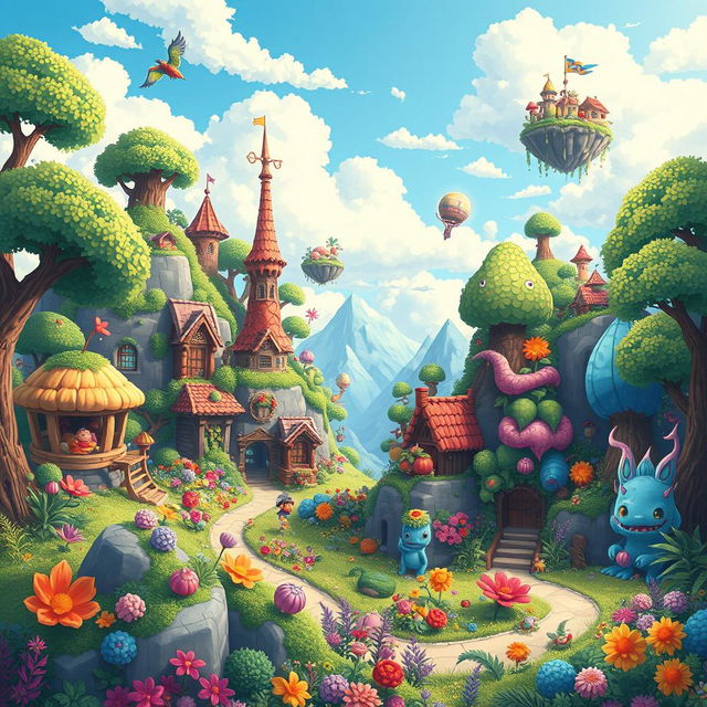 An imaginative world inspired by Growtopia, filled with fantastical vendig-themed landscapes