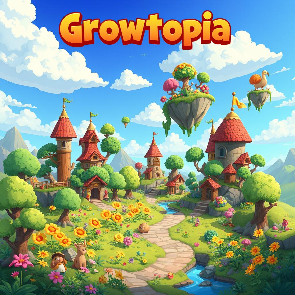 An imaginative world inspired by Growtopia, filled with fantastical vendig-themed landscapes