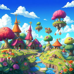 An imaginative world inspired by Growtopia, filled with fantastical vendig-themed landscapes
