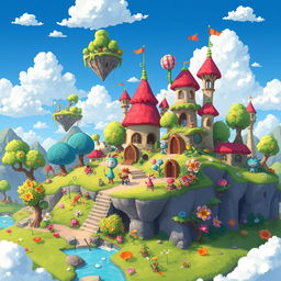 An imaginative world inspired by Growtopia, filled with fantastical vendig-themed landscapes