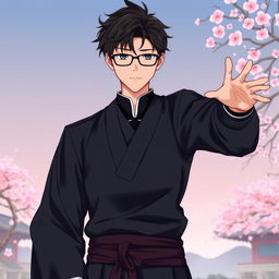 Ren Takashi as a young male samurai, wearing a sleek black outfit, exuding an aura of both calm and confidence