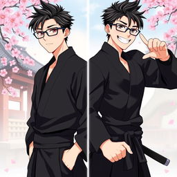 Ren Takashi as a young male samurai, wearing a sleek black outfit, exuding an aura of both calm and confidence