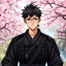 A young male samurai named Ren Takashi, wearing sleek black samurai armor, complete with a katana at his side