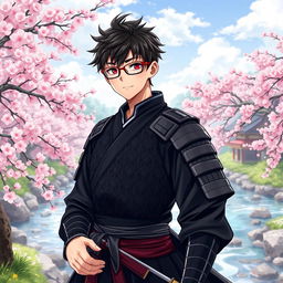 A young male samurai named Ren Takashi, wearing sleek black samurai armor, complete with a katana at his side