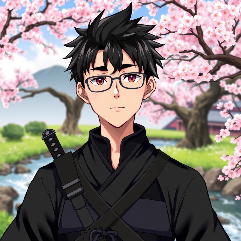 A young male samurai named Ren Takashi, wearing sleek black samurai armor, complete with a katana at his side
