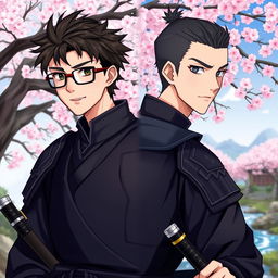 A young male samurai named Ren Takashi, wearing sleek black samurai armor, complete with a katana at his side