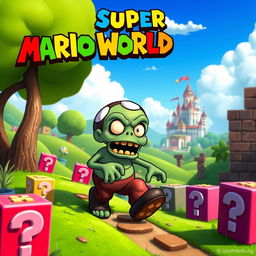 A vibrant and colorful scene inspired by Super Mario World, featuring a whimsical zombie character styled like a Goomba with a goofy expression