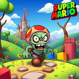 A vibrant and colorful scene inspired by Super Mario World, featuring a whimsical zombie character styled like a Goomba with a goofy expression