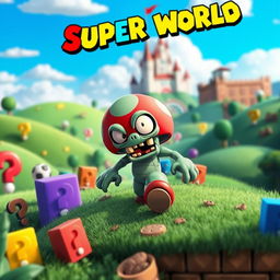A vibrant and colorful scene inspired by Super Mario World, featuring a whimsical zombie character styled like a Goomba with a goofy expression