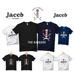 A collection of trendy t-shirts featuring a stylish logo for 'Jacob the Barber'