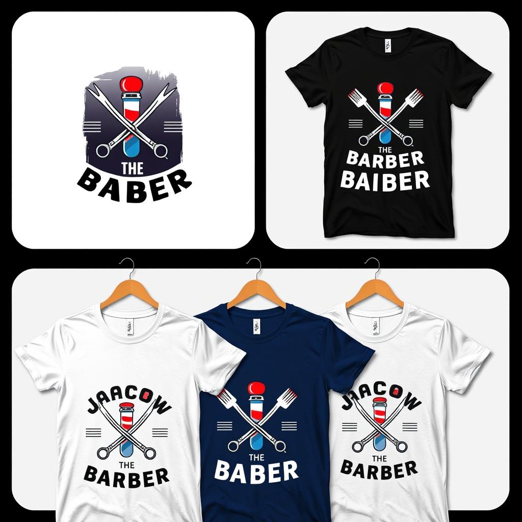 A collection of trendy t-shirts featuring a stylish logo for 'Jacob the Barber'