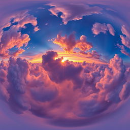 A stunning 360 HDRI scene capturing a vibrant sunset with dramatic clouds in hues of blue and purple