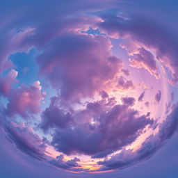 A stunning 360 HDRI scene capturing a vibrant sunset with dramatic clouds in hues of blue and purple