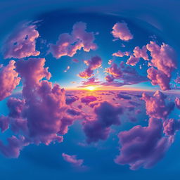 A stunning 360 HDRI scene capturing a vibrant sunset with dramatic clouds in hues of blue and purple