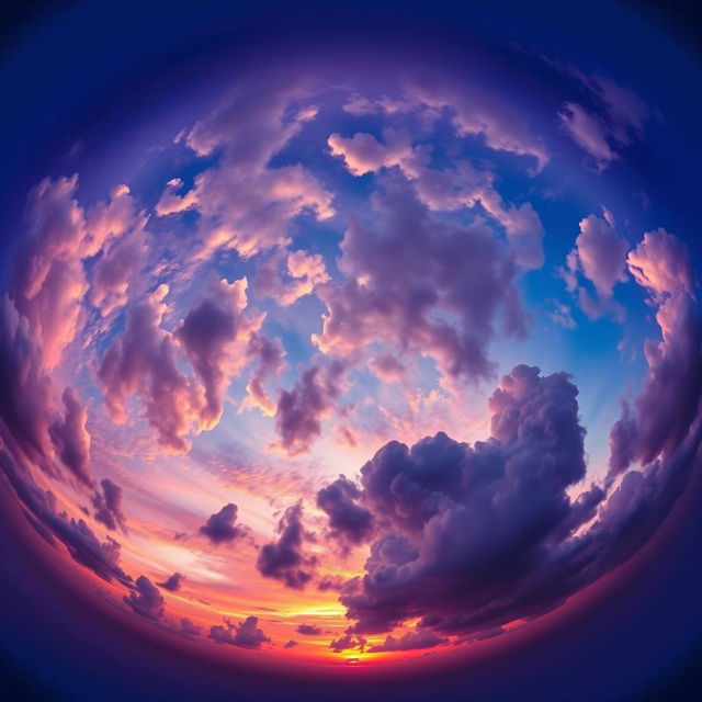 A stunning 360 HDRI scene capturing a vibrant sunset with dramatic clouds in hues of blue and purple